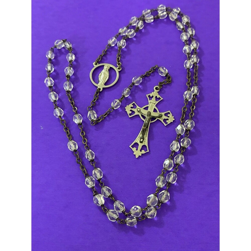 Vintage Clear Faceted Glass Rosary, Virgin Mary, Jesus, Italy, Christianity
